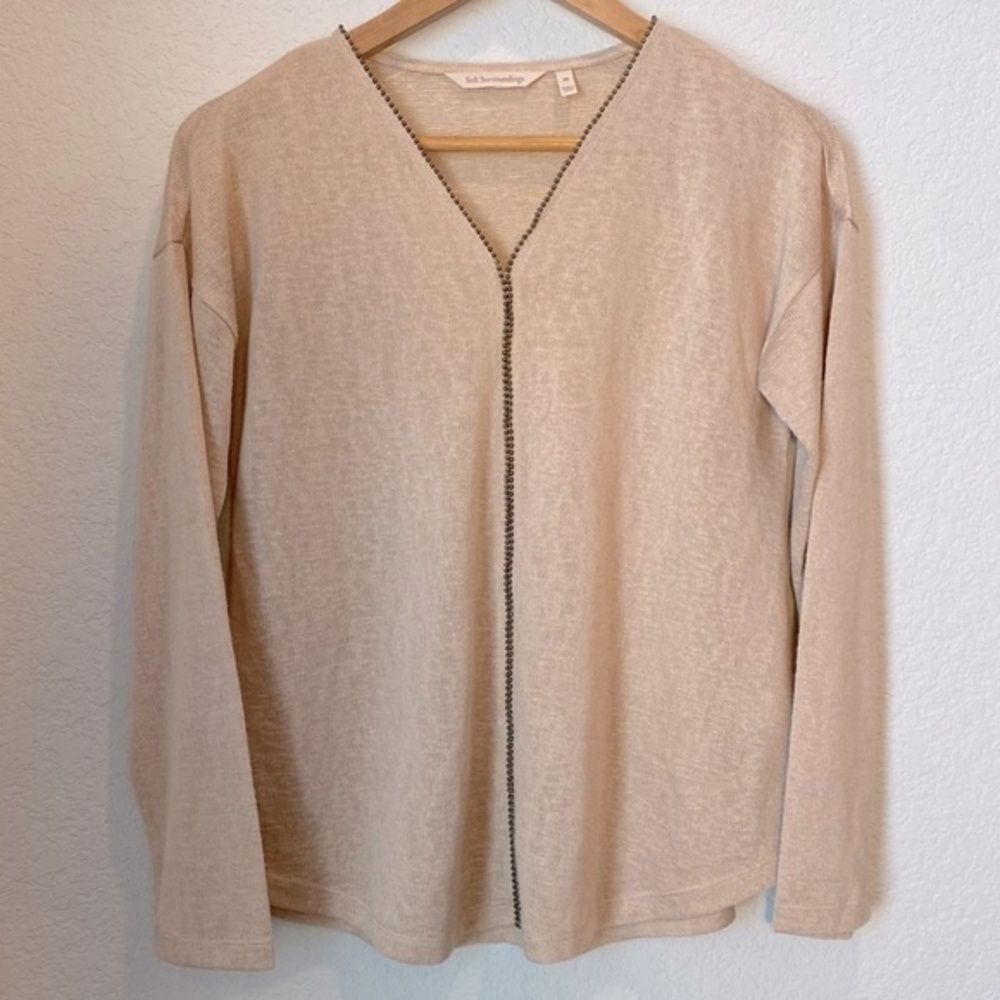 Soft Surroundings Brown Tan V-Neck Lightweight Bead Detail Sweater - Size PS EUC